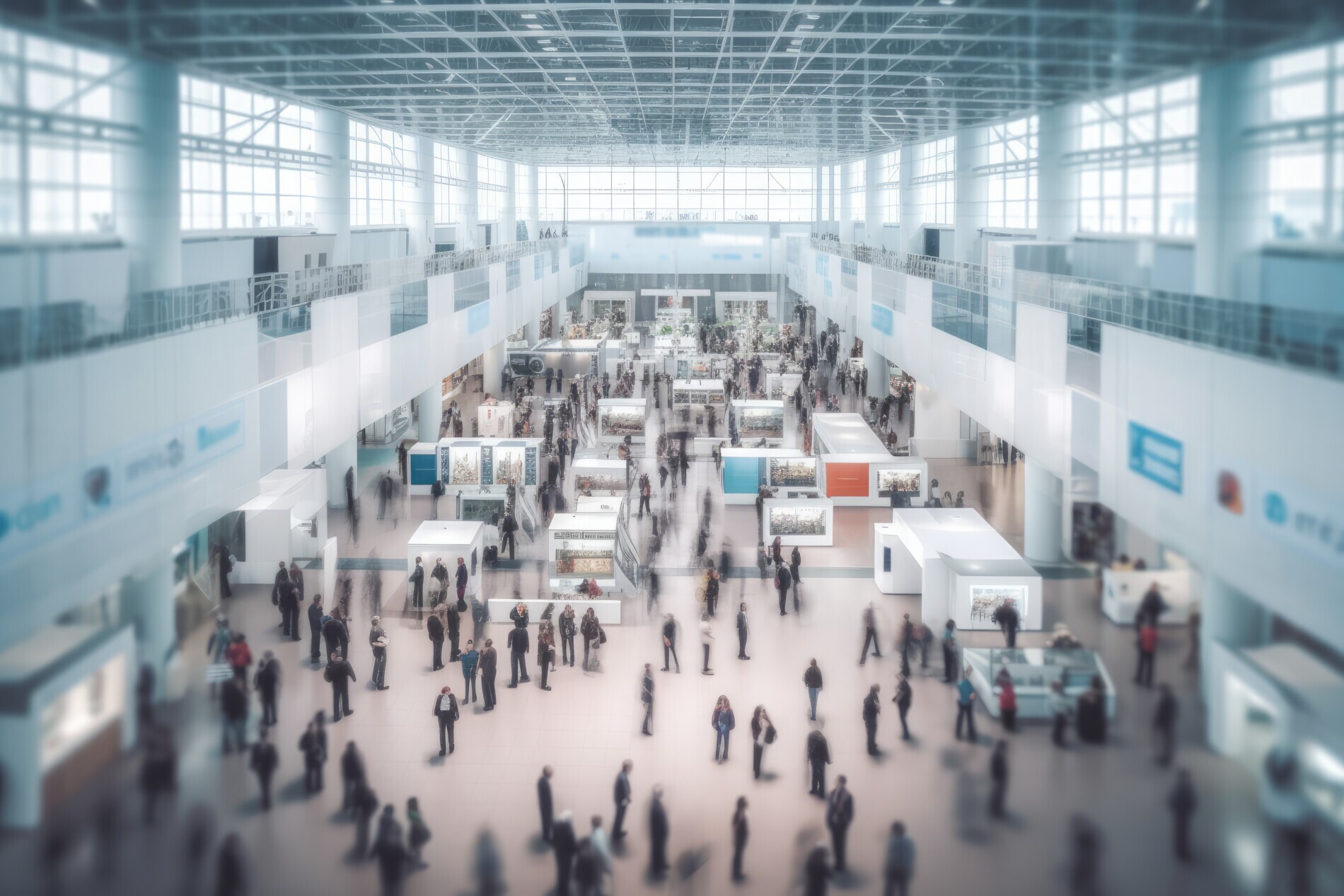 Background of an expo or convention with blurred individuals in